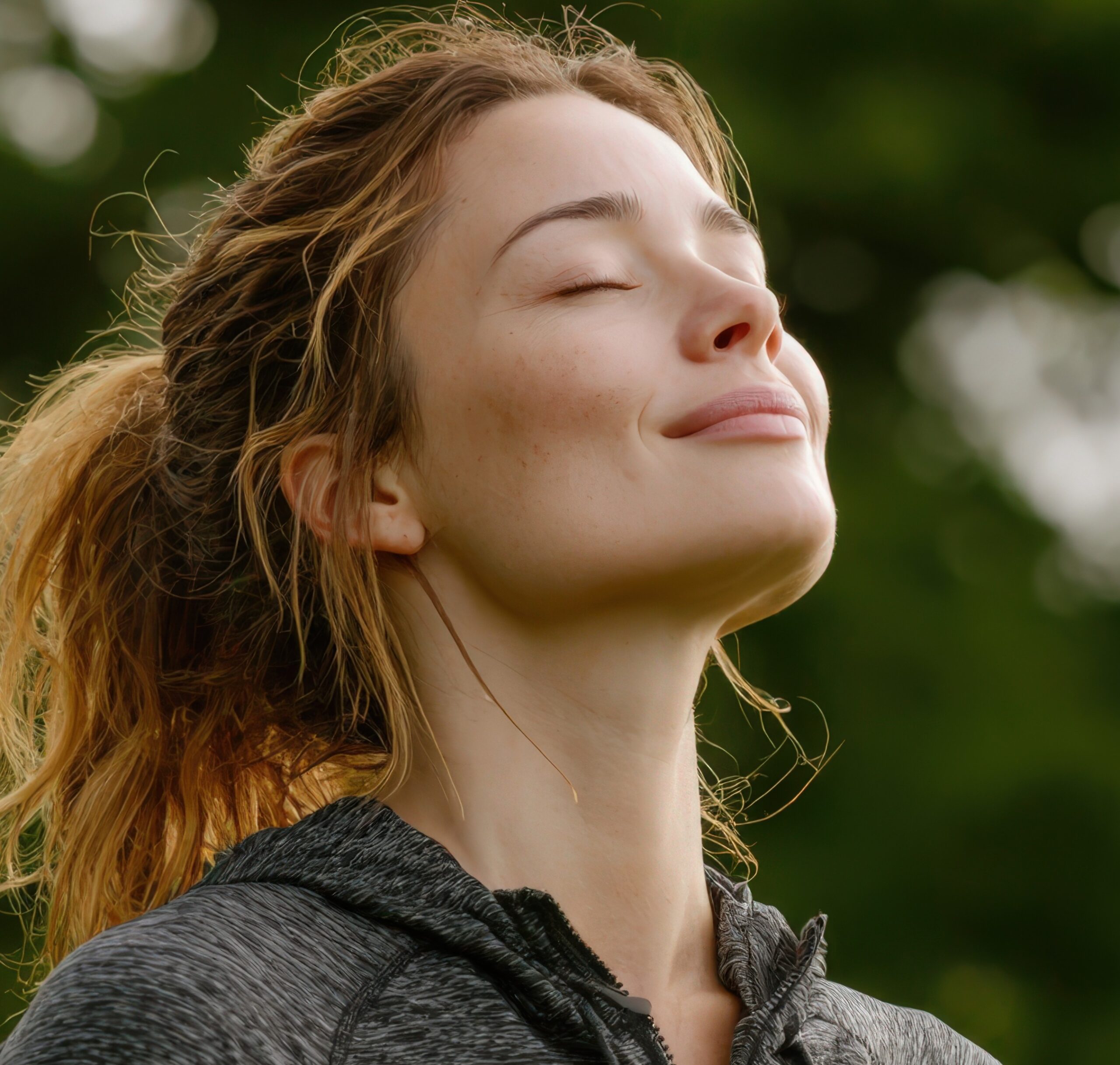 Young woman with long hair, wearing a gray hoodie, is enjoying a moment of tranquility outdoors, surrounded by lush greenery, embodying peace and relaxation in nature